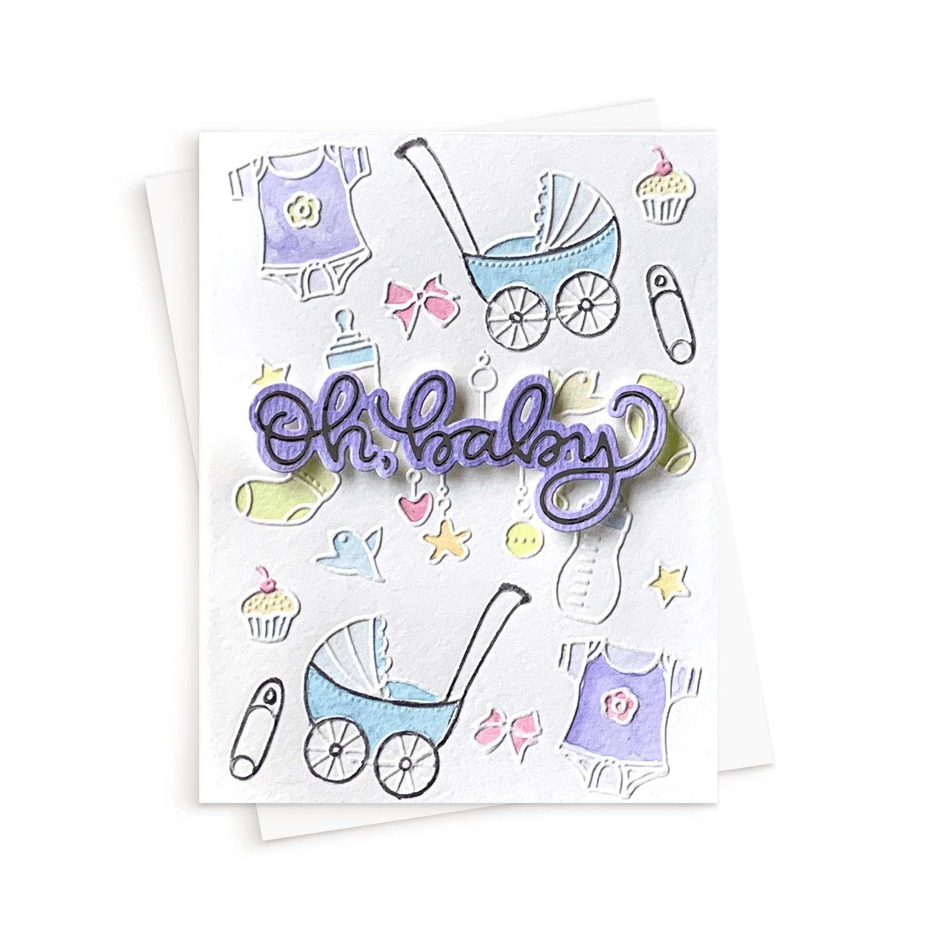 Oh baby, baby shower card in purple. Card for a new baby.