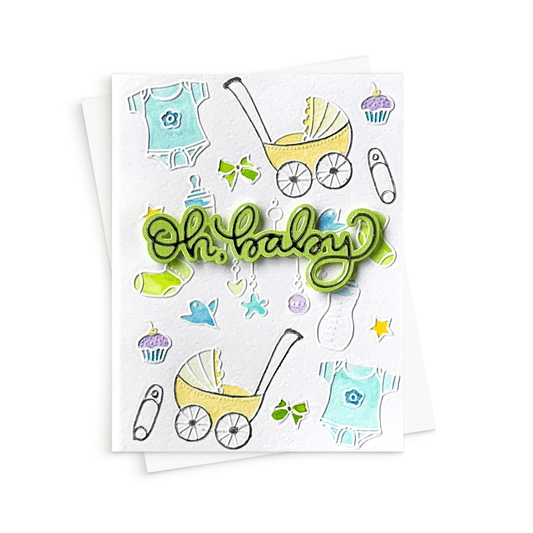 Oh baby, baby shower card in green. Card for a new baby.