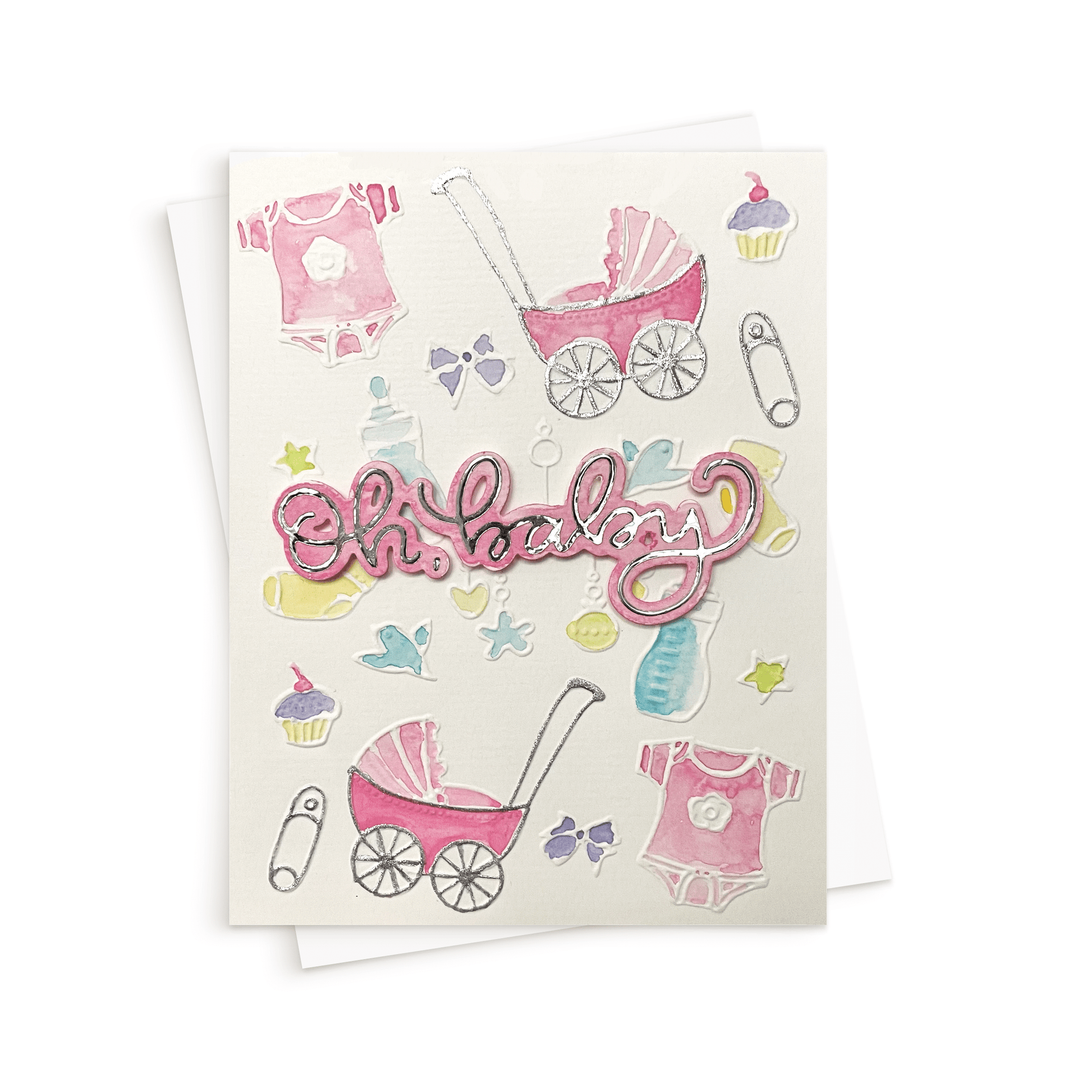 Oh baby, baby shower card in pink. Card for a new baby.
